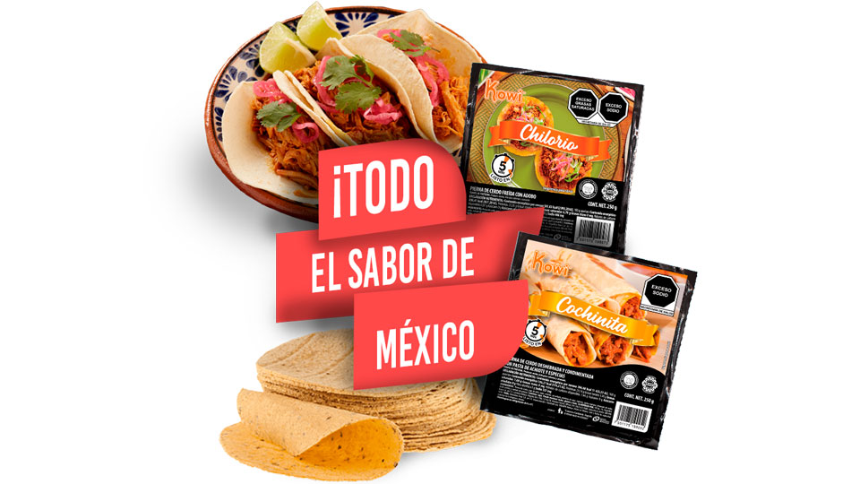 Visual features various KOWI products in unopened packets or served ready to eat. Text reads 'Todo el sabor de México'.